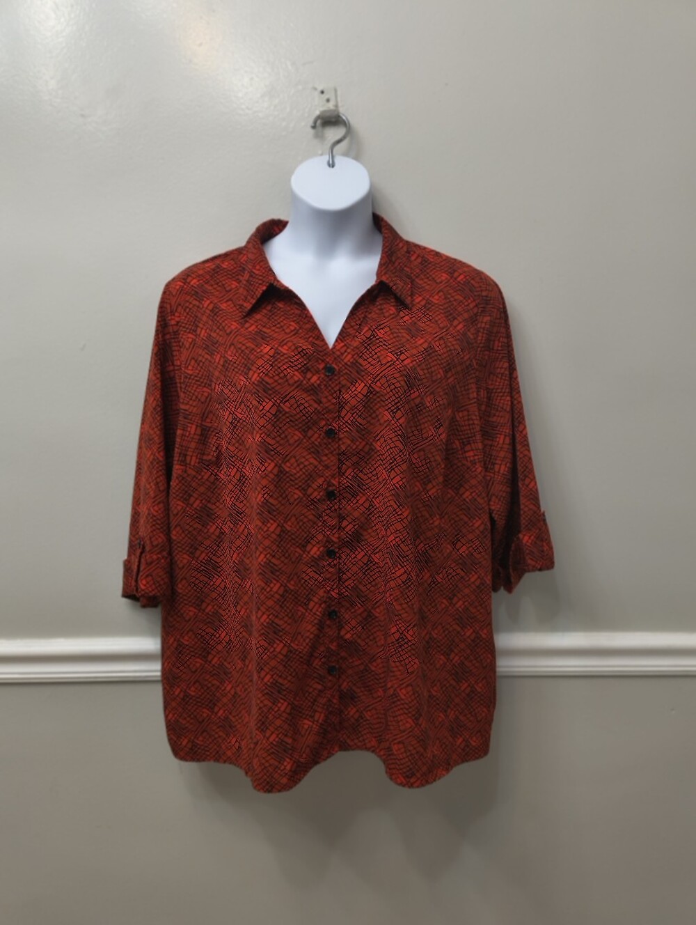 Catherines Womens Blouse Geometric Print Red Black Plus 2X Relaxed Casual Preppy